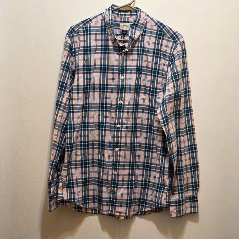 J.Crew Mens Pink Blue Plaid Long Sleeve Slim Fit Stretch Button Up Shirt M